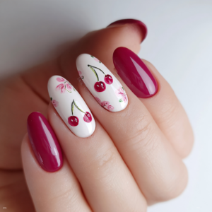 A close-up of a womans painted nails. The thumb, pointer and pinky fingers are painted in a medium reddish color and the middle and ring fingers are painted with a light creme base color and each nail has 2 cherries along with small pink flowers and a glossy finish.